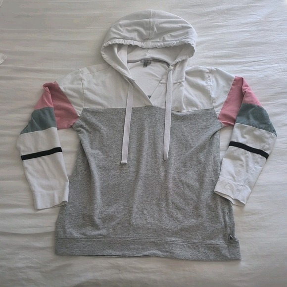 T by Talbots Hoodie Women's Med 95% Cotton White Gray Pink Long Sleeve Lightwght - Picture 1 of 10